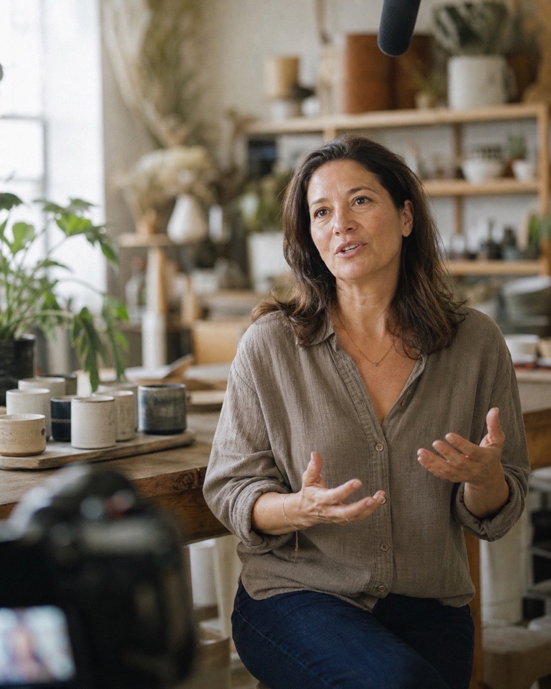 A business founder mid-conversation during a filmed interview in her own light-filled studio, warm natural light — a sample founder film.