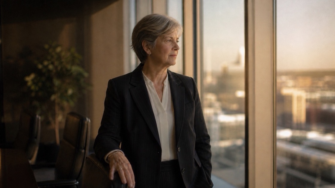 A chief executive pausing reflectively at her office window in her last week before handing over, warm late-day light — a sample founder's chapter film.