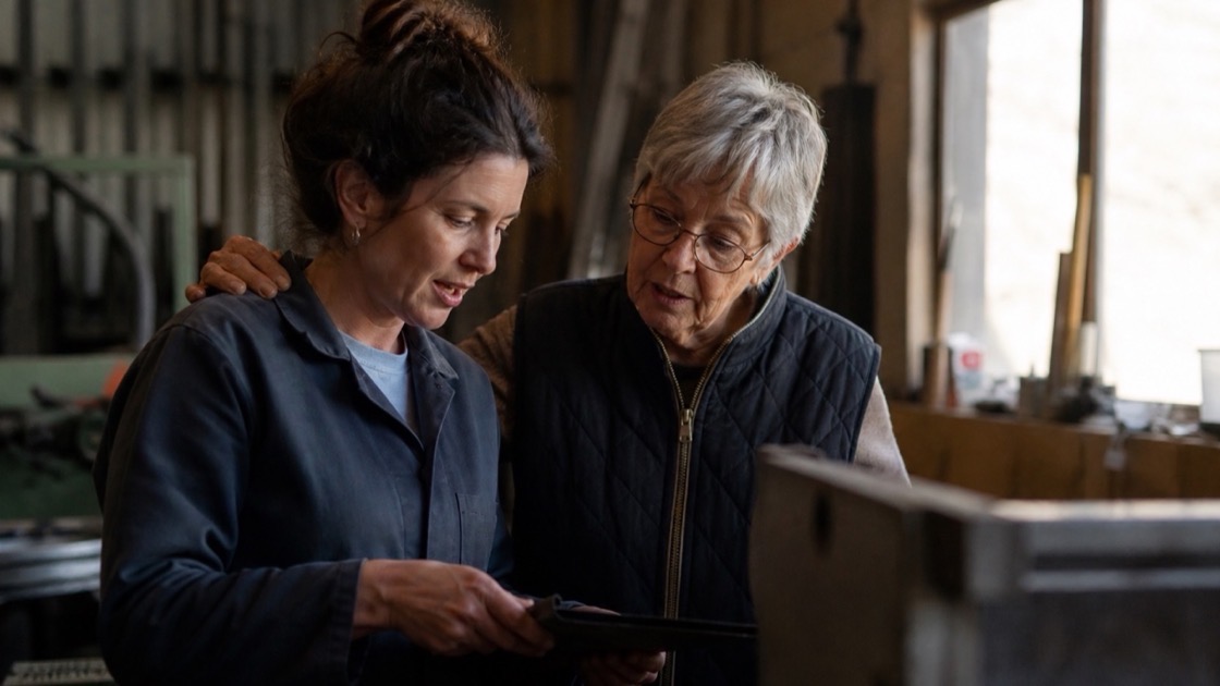 A mother and daughter, two generations of a family business, together in the space they both built — a quiet genuine handover moment.