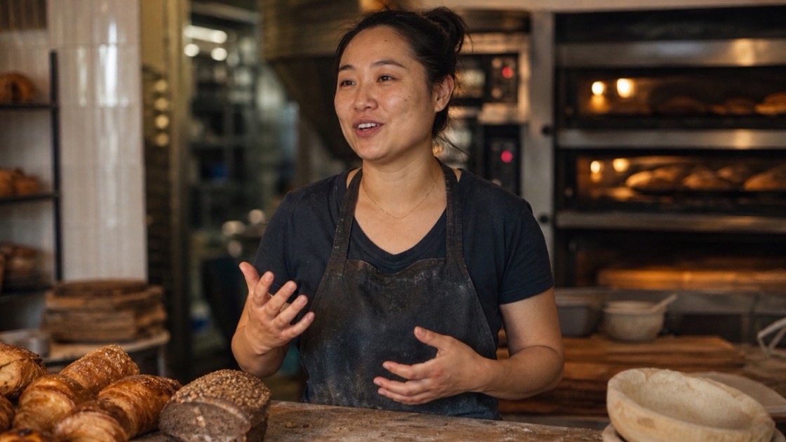 A second-generation baker mid-story in the family bakery she runs, warm early-morning light — a sample origin story film.