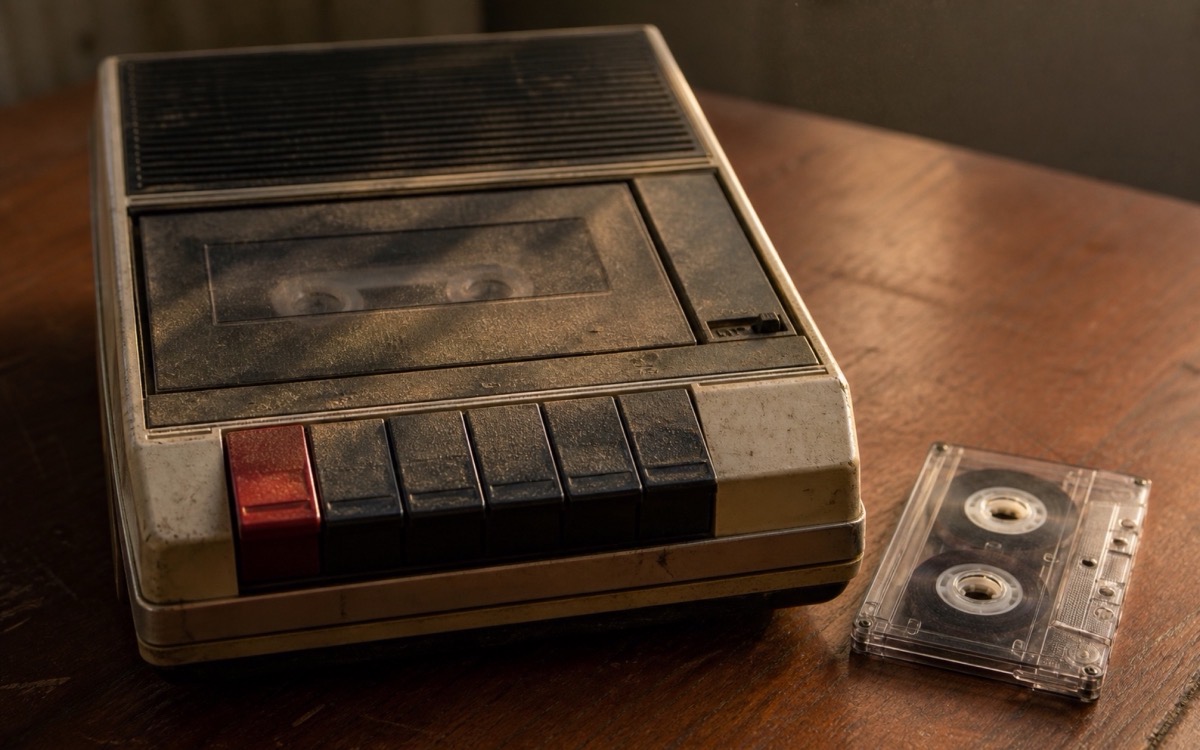 A worn cassette tape recorder in warm window light, the physical object at the centre of The Legacy Studio's founding story.