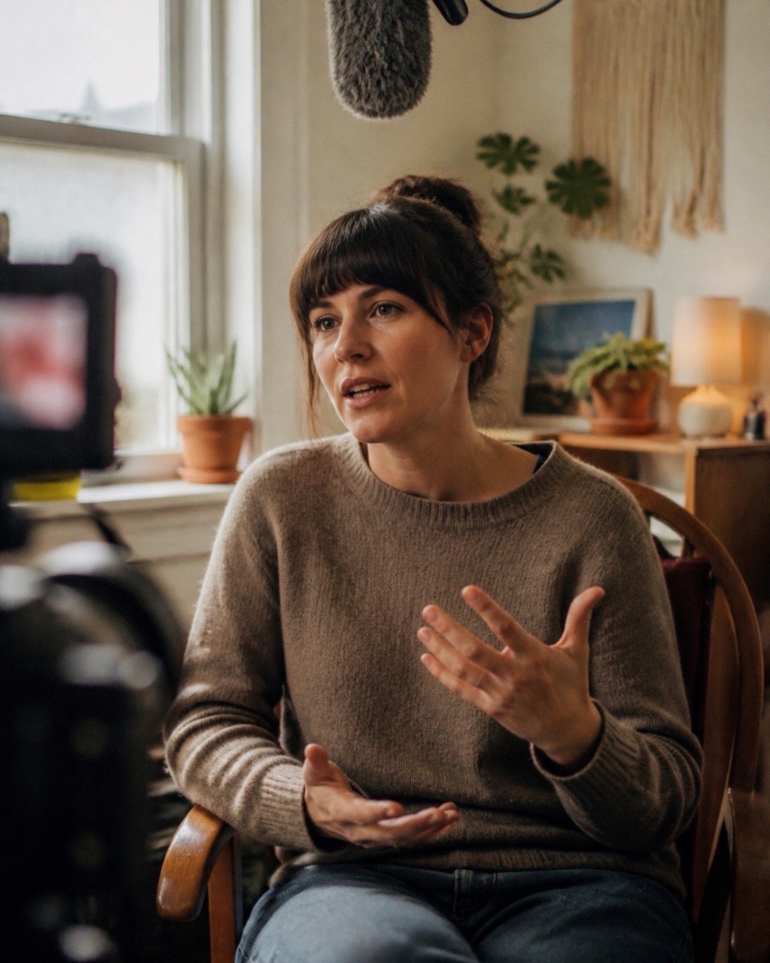 A woman mid-conversation during a filmed interview, warm natural light, the edge of a camera rig visible — a sample story film.
