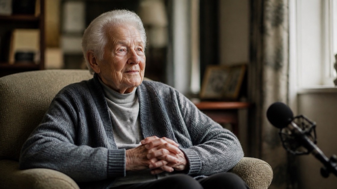 An elderly person sitting calmly by a window, mid-conversation during a filmed interview — a Legacy Farewell session.