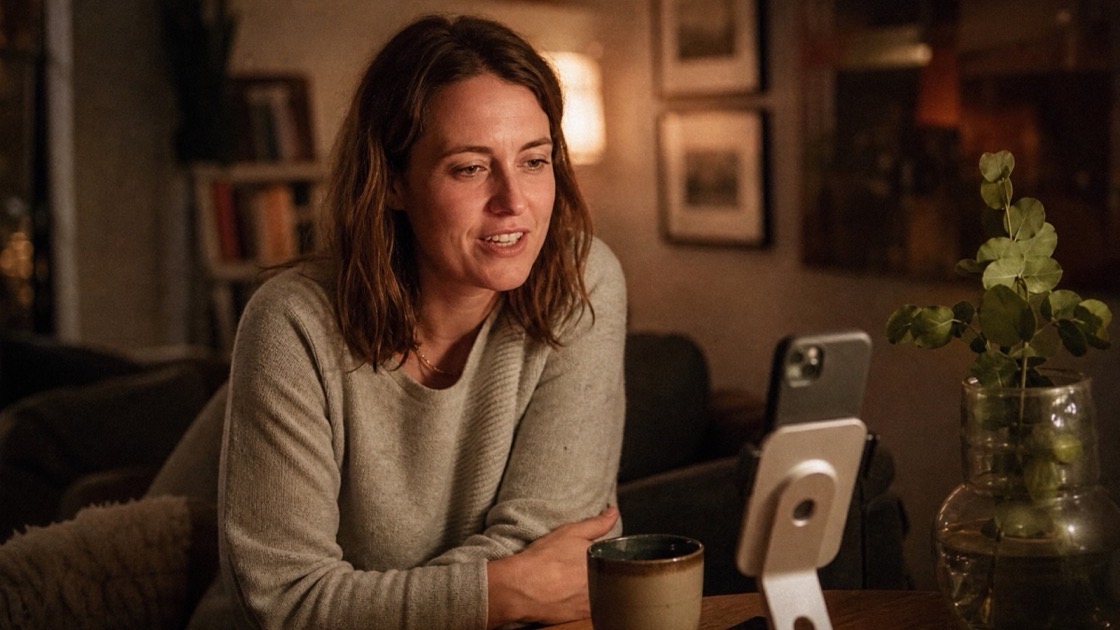 A person recording a heartfelt message on a phone at home in warm lamp light — a Milestone Messages recording.