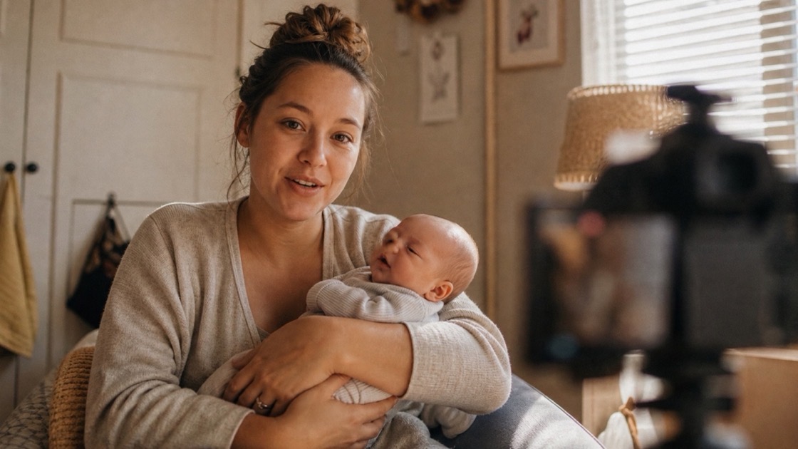 A parent gently holding a newborn while recording a message in warm morning light — a Legacy Time Capsule session.