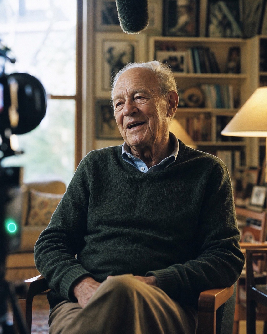 An elderly man mid-conversation during a filmed interview, warm natural light, the edge of a camera rig visible — a sample of a Legacy Studio story film.