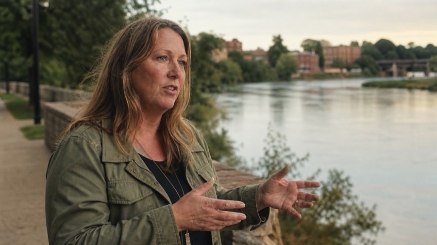 A woman standing at the site of a defining local event, calm and reflective, telling the story of what happened there.
