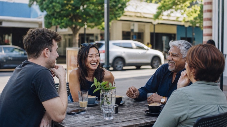 A mixed-age, mixed-background group of locals at a footpath cafe table, candid and contemporary — what it actually feels like to live here right now.