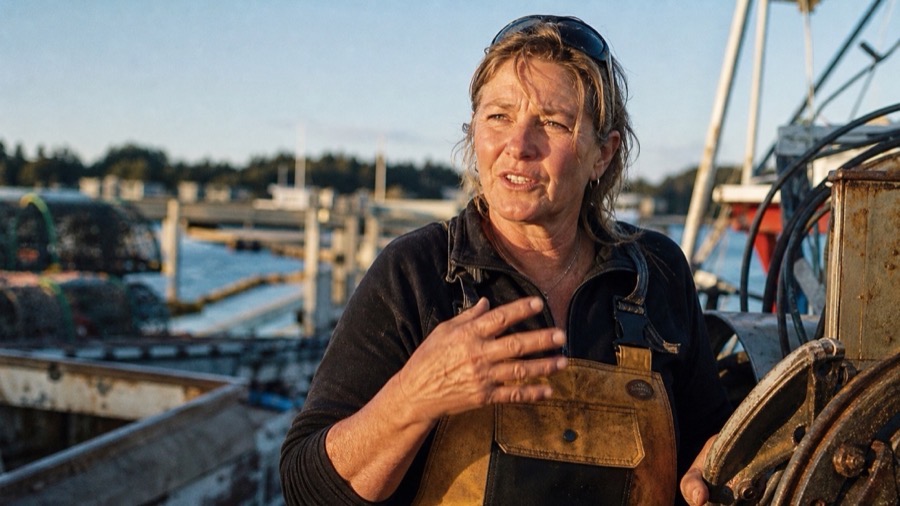 A local tradeswoman in her real working environment, weathered hands and warm early light — the working life that built the place.