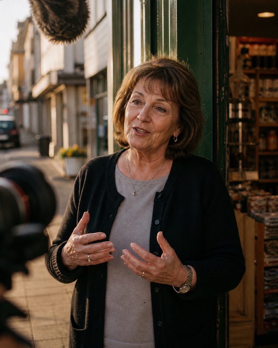 A woman who has run the local shop for decades, telling a story about her town on a sunlit main street, filmed at ground level — a sample place film.